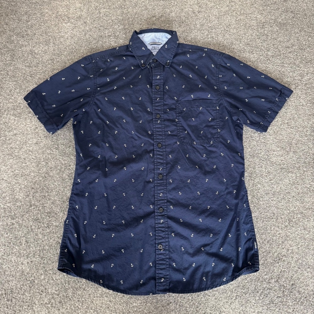 IZOD Saltwater Mens Navy Blue Anchor Print Short Sleeve Button Down Shirt‎ Small